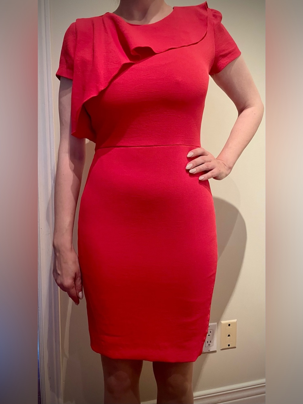 Maje Fuchsia Red Ruffle-Detail Midi Dress